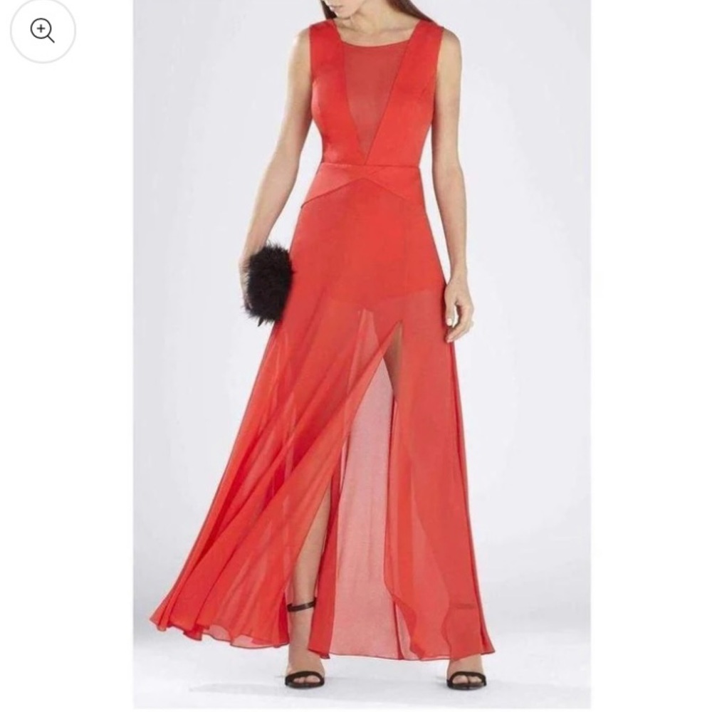 BCBG MaxAzria Halee Deep V Neck Chiffon Skirt Romper in Coral Red
